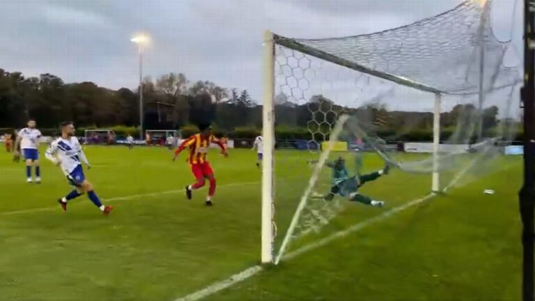 Goalkeeper's stunning point-blank save while tangled in net